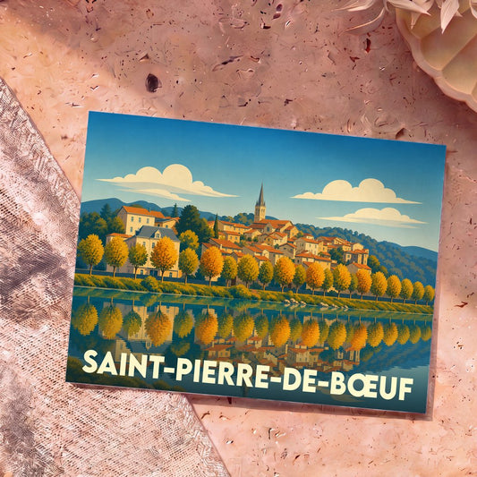 Carte postale souvenir de la ville de Saint-Pierre-de-Bœuf avec une illustration stylisée d'un village en bord d'eau.