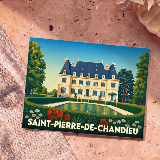 Carte postale souvenir de la ville de Saint-Pierre-de-Chandieu avec une illustration stylisée de son château et de ses jardins.