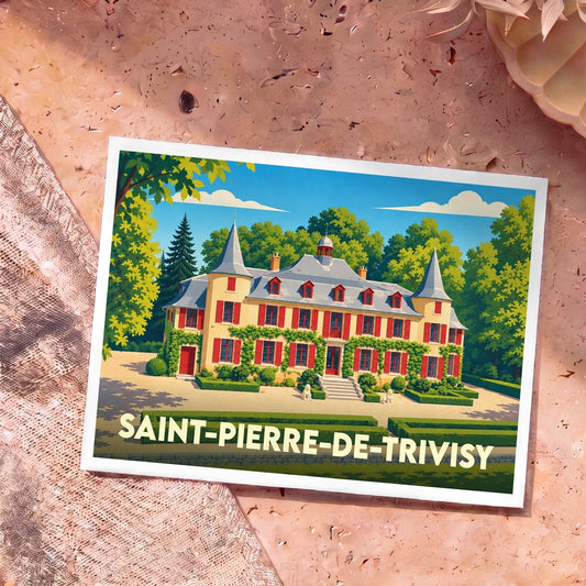 Carte postale souvenir de la ville de Saint-Pierre-de-Trivisy avec une illustration stylisée d'un château.