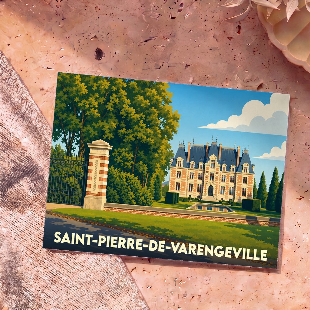Carte postale souvenir de Saint-Pierre-de-Varengeville illustrant un château majestueux dans un style graphique épuré.
