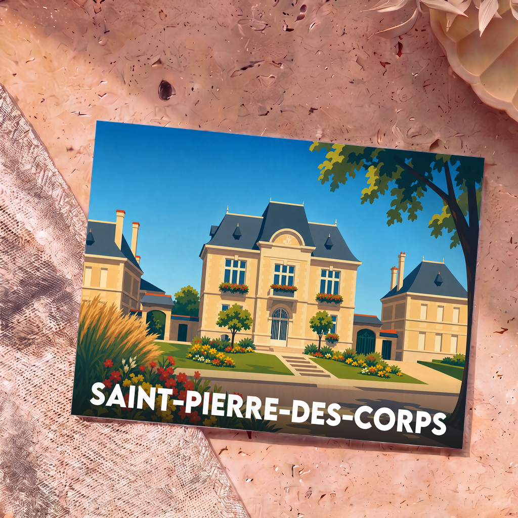 Carte postale souvenir de la ville de Saint-Pierre-des-Corps avec une illustration stylisée.
