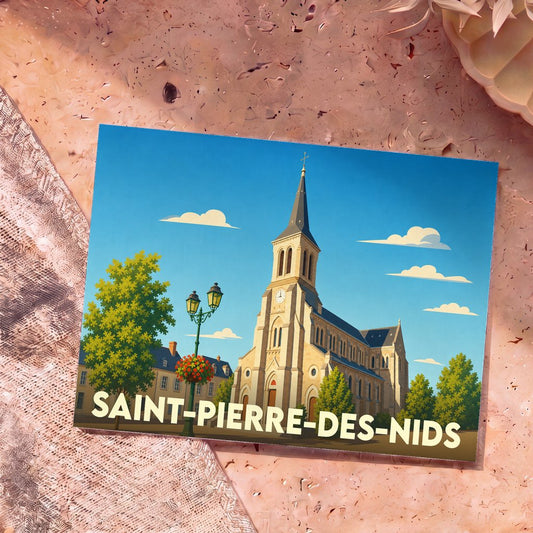 Carte postale souvenir de la ville de Saint-Pierre-des-Nids avec une illustration stylisée de son église sous un ciel bleu.