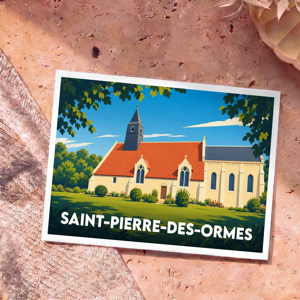 Carte postale souvenir de la ville de Saint-Pierre-des-Ormes illustrant son église dans un style graphique et épuré.