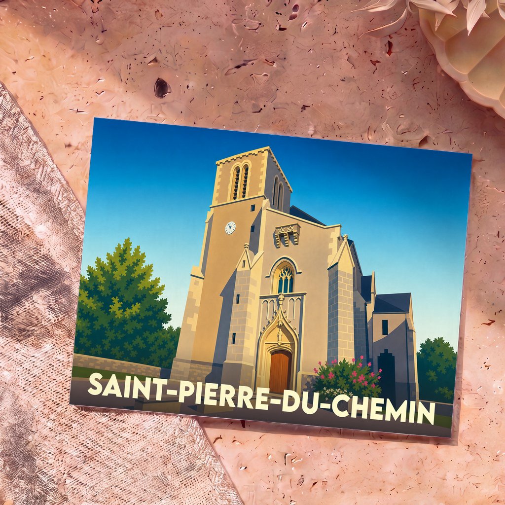Carte postale souvenir de Saint-Pierre-du-Chemin avec une illustration stylisée de son église sous un ciel bleu.