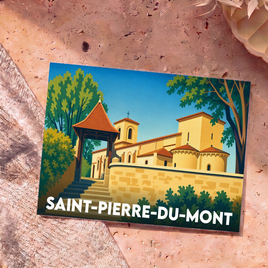 Carte postale souvenir de la ville de Saint-Pierre-du-Mont avec une illustration stylisée de son église.