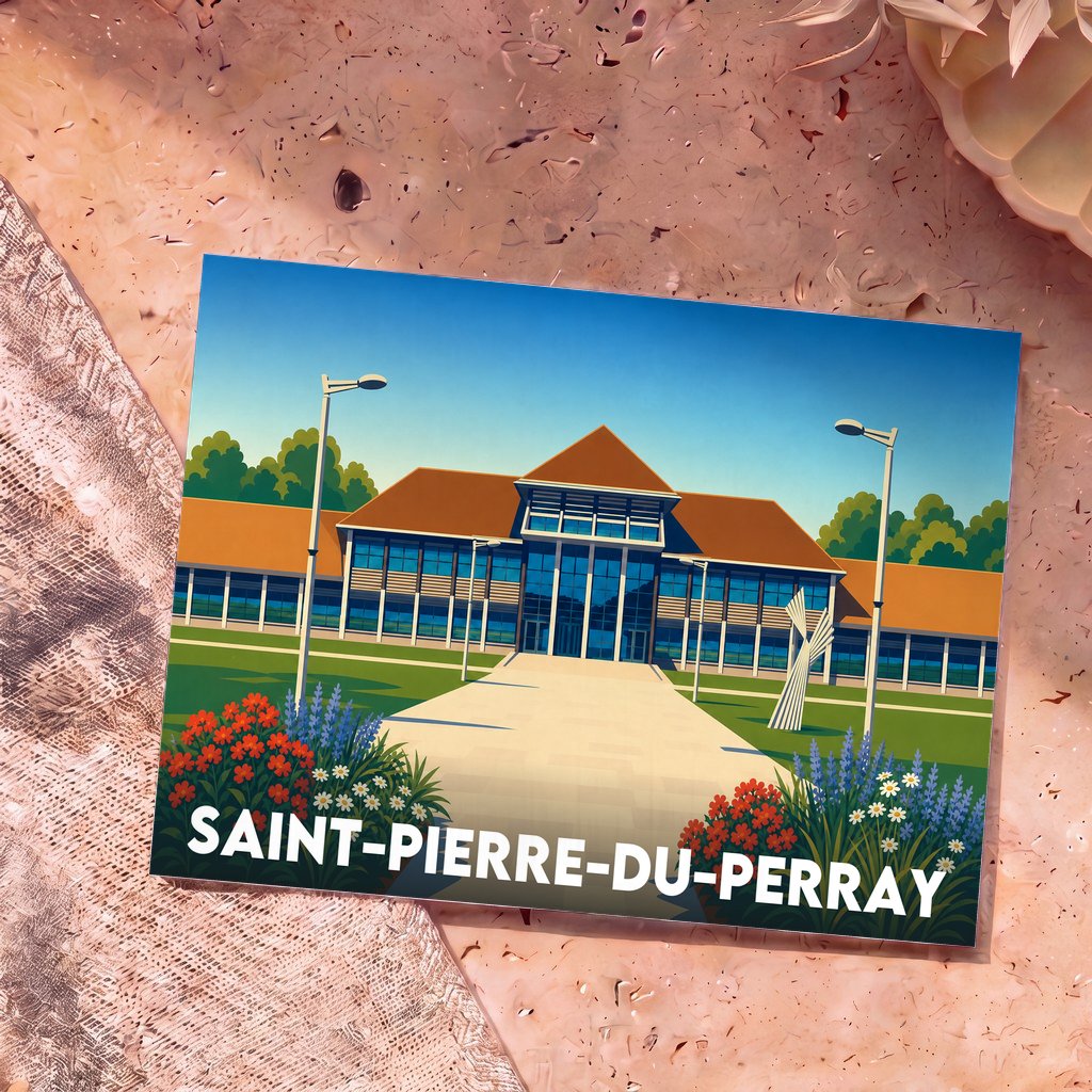 Carte postale souvenir de la ville de Saint-Pierre-du-Perray avec une illustration stylisée de son hôtel de ville.