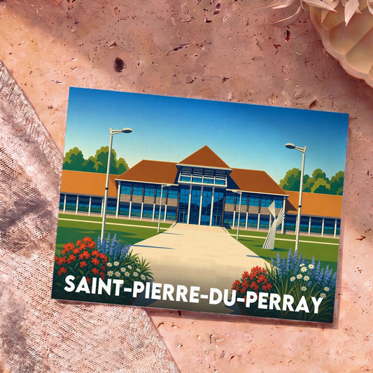 Carte postale souvenir de la ville de Saint-Pierre-du-Perray avec une illustration stylisée de son hôtel de ville.