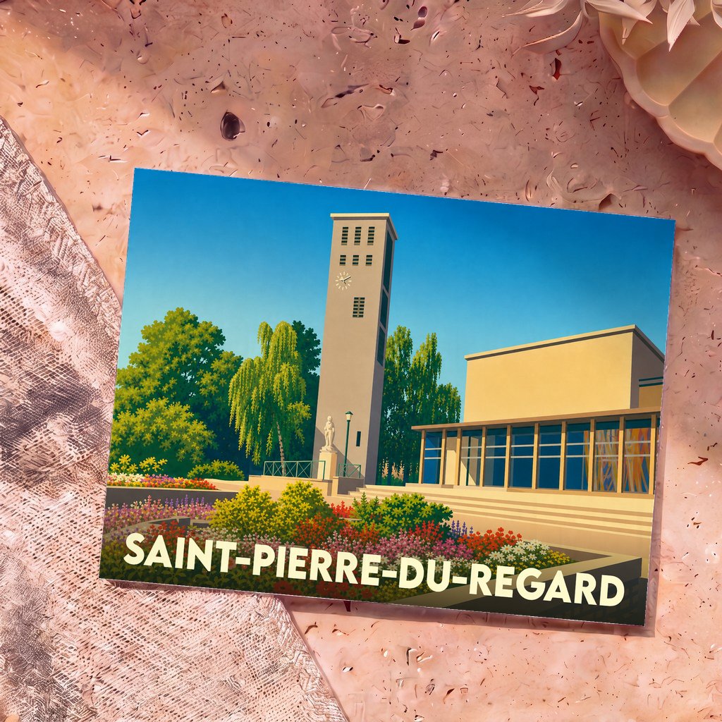 Carte postale souvenir de la ville de Saint-Pierre-du-Regard avec une illustration stylisée de son église et de ses jardins.