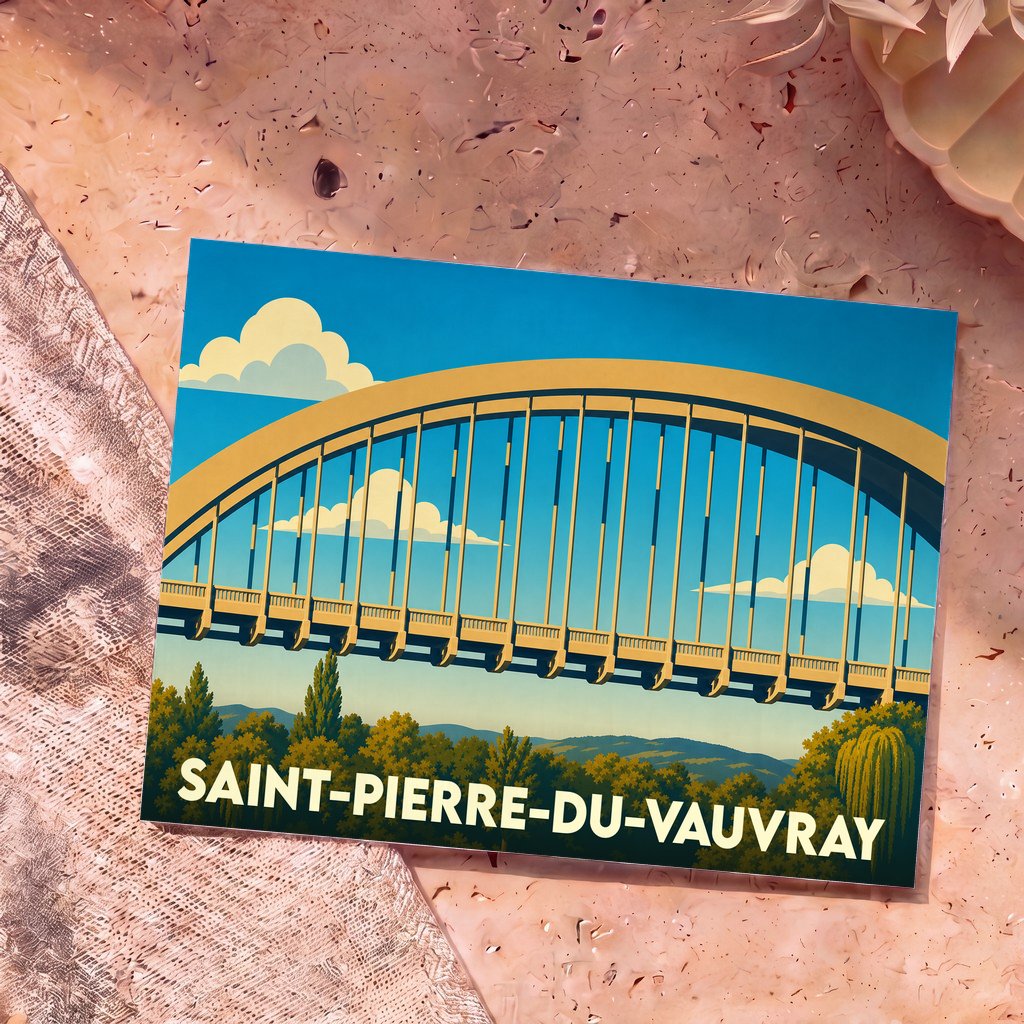 Carte postale souvenir de la ville de Saint-Pierre-du-Vauvray avec une illustration stylisée de son pont en arc.