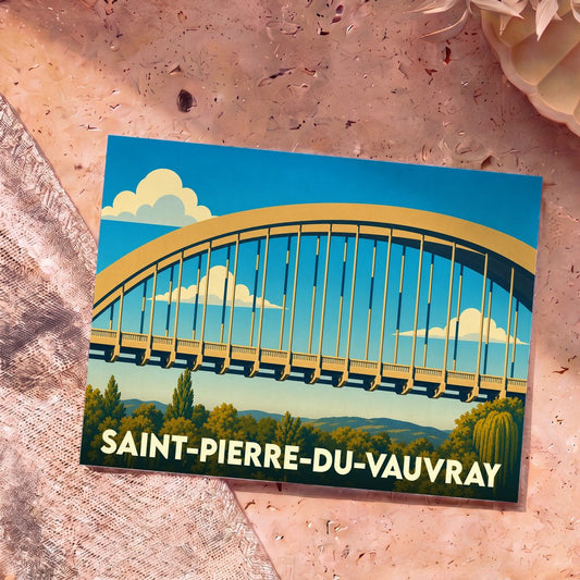Carte postale souvenir de la ville de Saint-Pierre-du-Vauvray avec une illustration stylisée de son pont en arc.