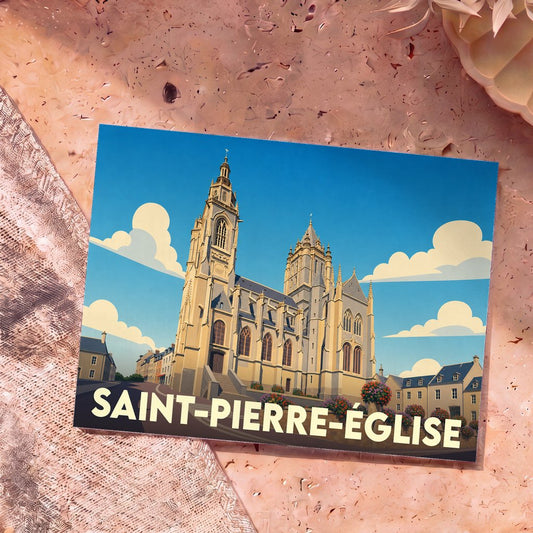 Carte postale souvenir de la ville de Saint-Pierre-Église avec une illustration stylisée de son église.
