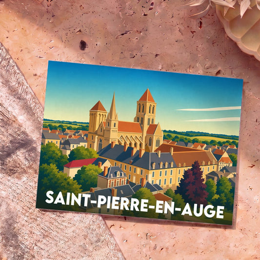 Carte postale souvenir de la ville de Saint-Pierre-en-Auge avec une illustration stylisée de son abbaye et de ses toits.