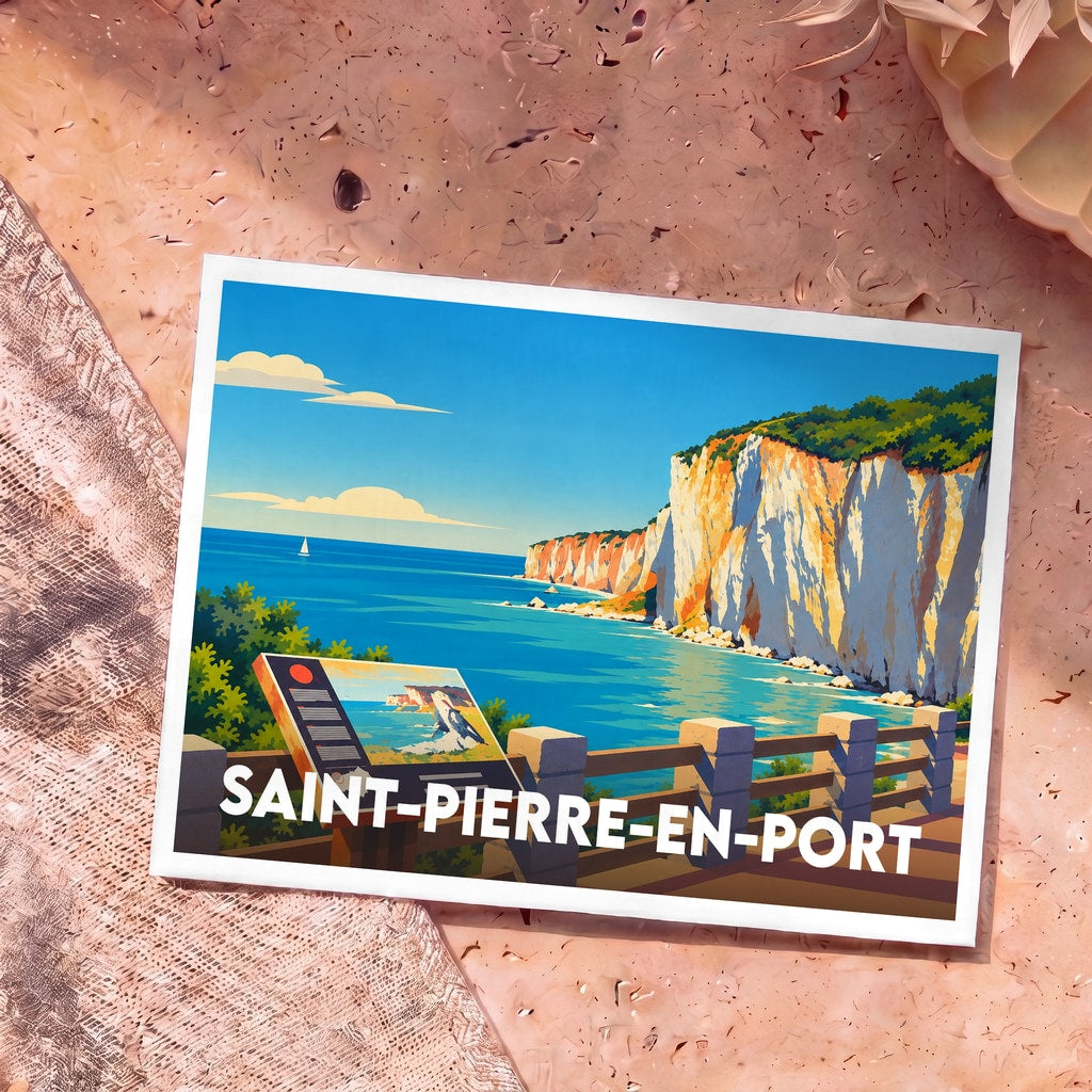 Carte postale souvenir de Saint-Pierre-en-Port illustrant ses falaises de craie surplombant la mer dans un style graphique épuré.