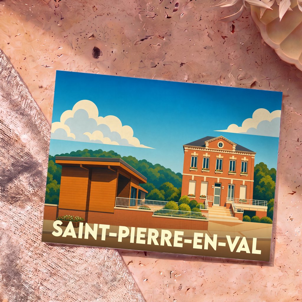 Carte postale souvenir de la ville de Saint-Pierre-en-Val avec une illustration stylisée de bâtiments locaux.