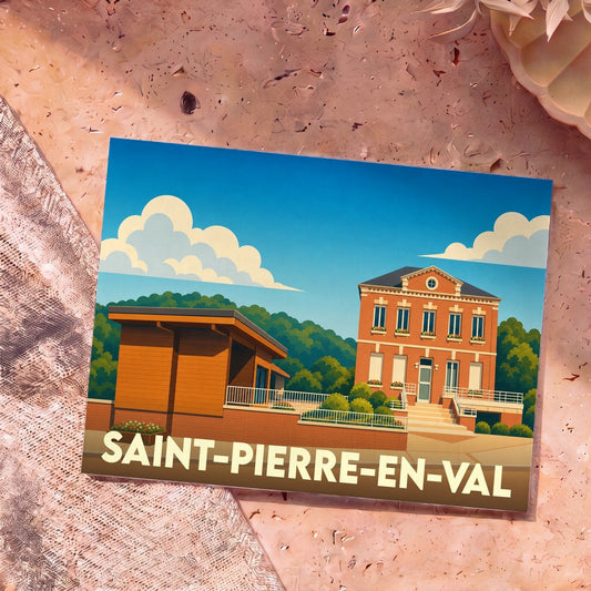 Carte postale souvenir de la ville de Saint-Pierre-en-Val avec une illustration stylisée de bâtiments locaux.