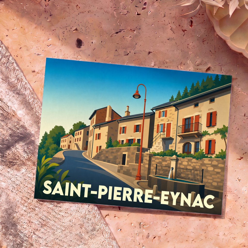 Carte postale souvenir de la ville de Saint-Pierre-Eynac avec une illustration stylisée d'une rue pittoresque.