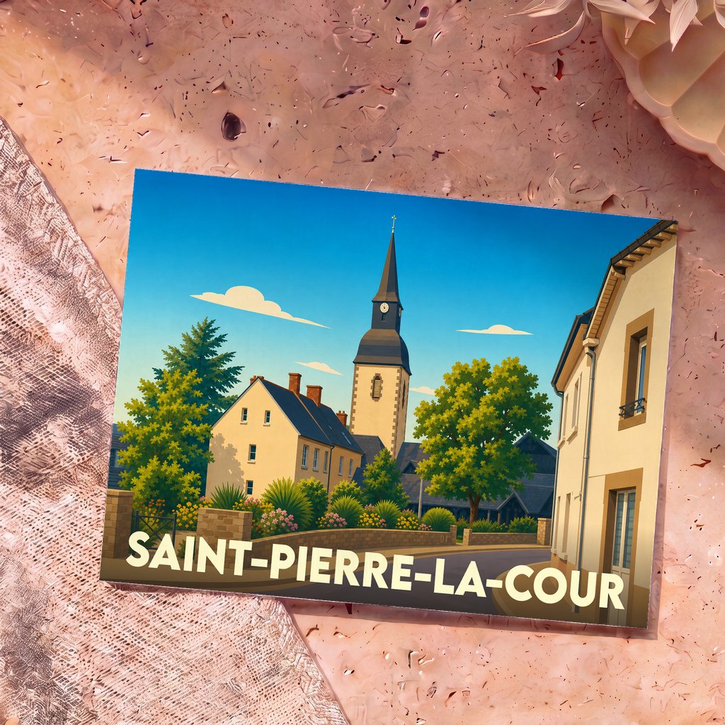 Carte postale souvenir de la ville de Saint-Pierre-la-Cour avec une illustration stylisée de son église et de ses maisons.