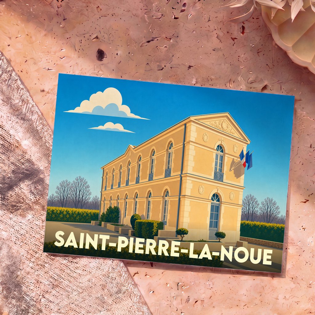 Carte postale souvenir de la ville de Saint-Pierre-La-Noue avec une illustration stylisée de son hôtel de ville.