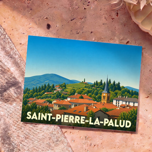 Carte postale souvenir de la ville de Saint-Pierre-la-Palud avec une illustration stylisée d'un village niché dans les collines.