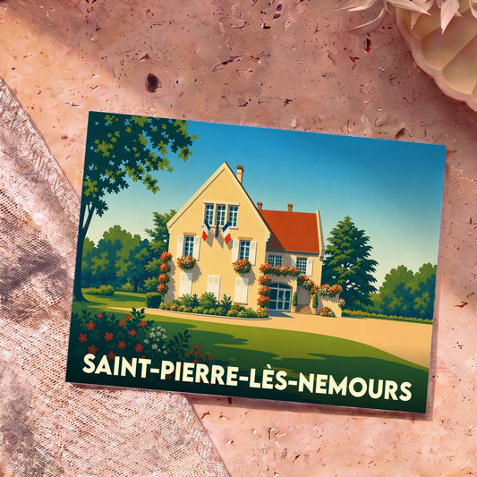 Carte postale souvenir de la ville de Saint-Pierre-lès-Nemours illustrant une bâtisse fleurie sous un ciel bleu.