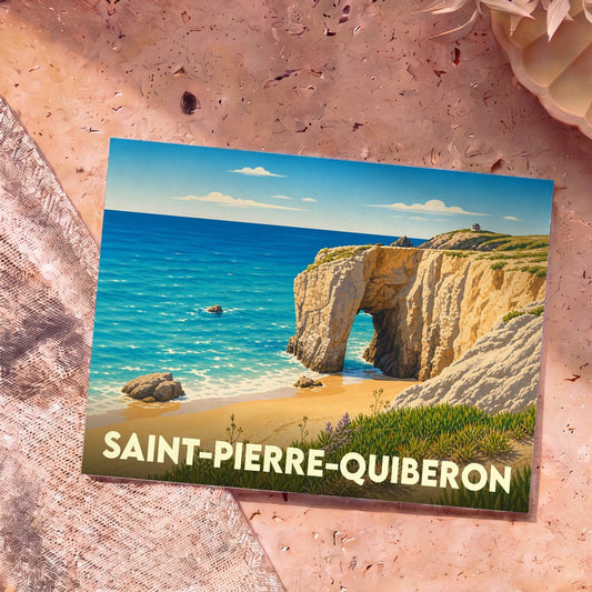Carte postale souvenir de la ville de Saint-Pierre-Quiberon avec une illustration stylisée d'une arche rocheuse en bord de mer.