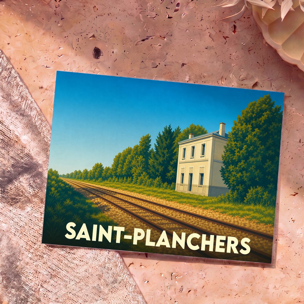 Carte postale souvenir de la ville de Saint-Planchers avec une illustration stylisée d'une maison en bordure de voie ferrée.