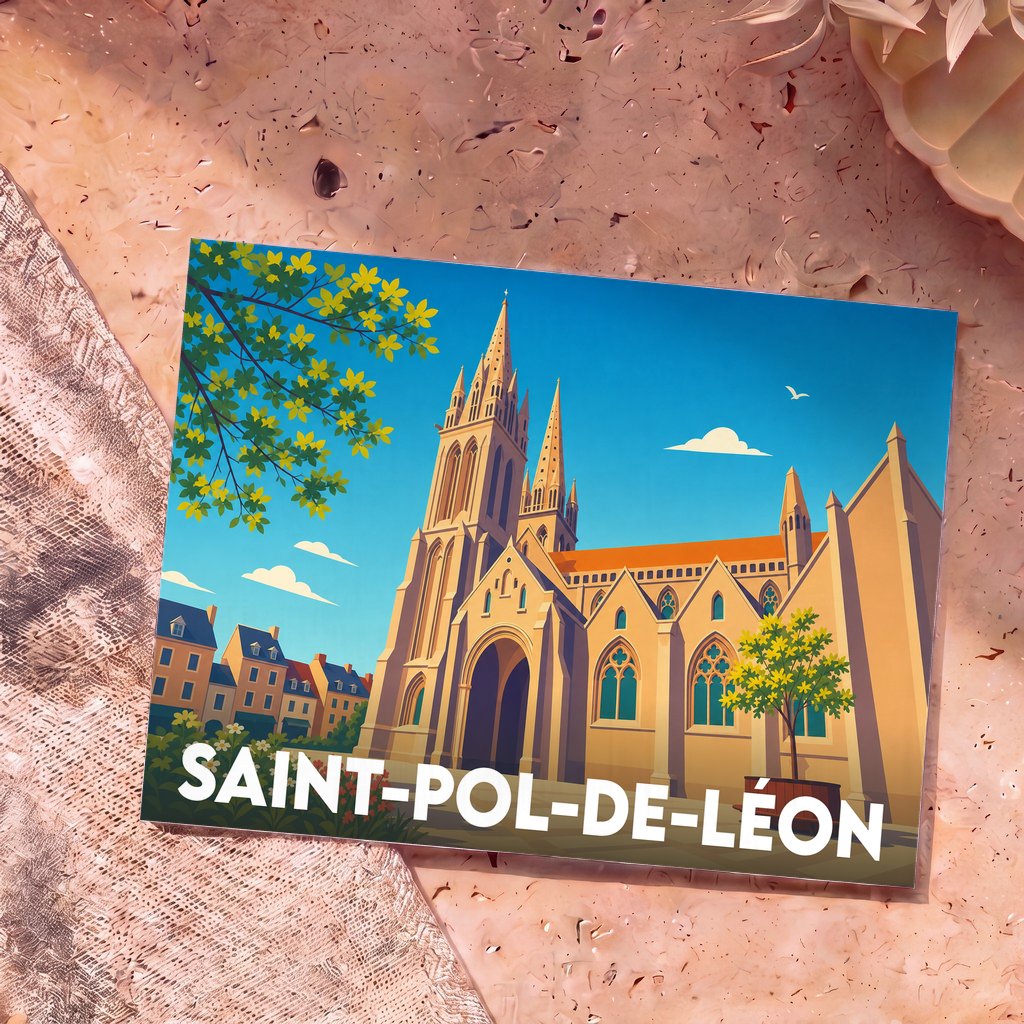 Carte postale souvenir de la ville de Saint-Pol-de-Léon avec une illustration stylisée de sa cathédrale sous un ciel bleu.
