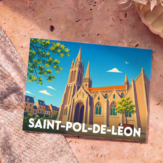 Carte postale souvenir de la ville de Saint-Pol-de-Léon avec une illustration stylisée de sa cathédrale sous un ciel bleu.