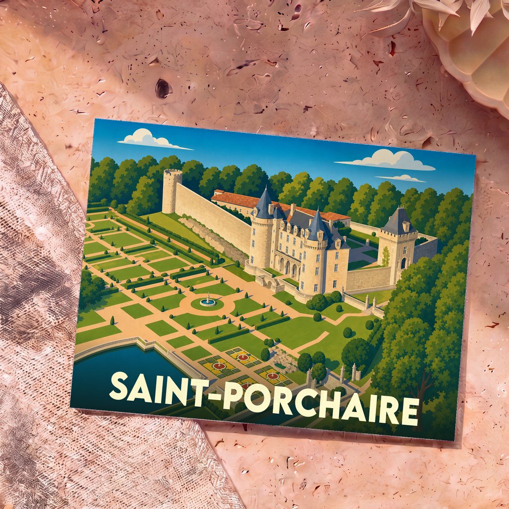 Carte postale souvenir de la ville de Saint-Porchaire illustrant son château et ses jardins à la française.
