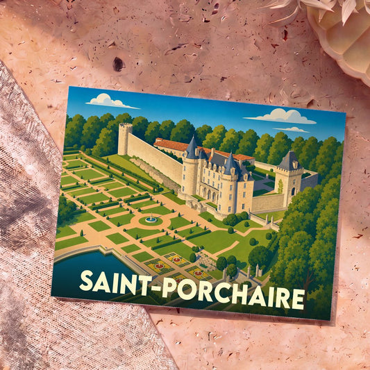 Carte postale souvenir de la ville de Saint-Porchaire illustrant son château et ses jardins à la française.