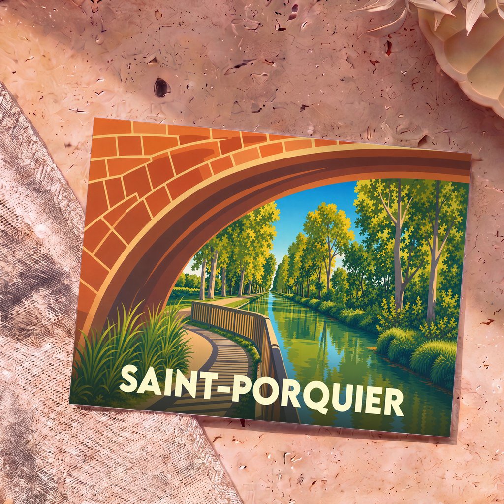 Carte postale souvenir de la ville de Saint-Porquier illustrant le canal du Midi sous un pont de briques.
