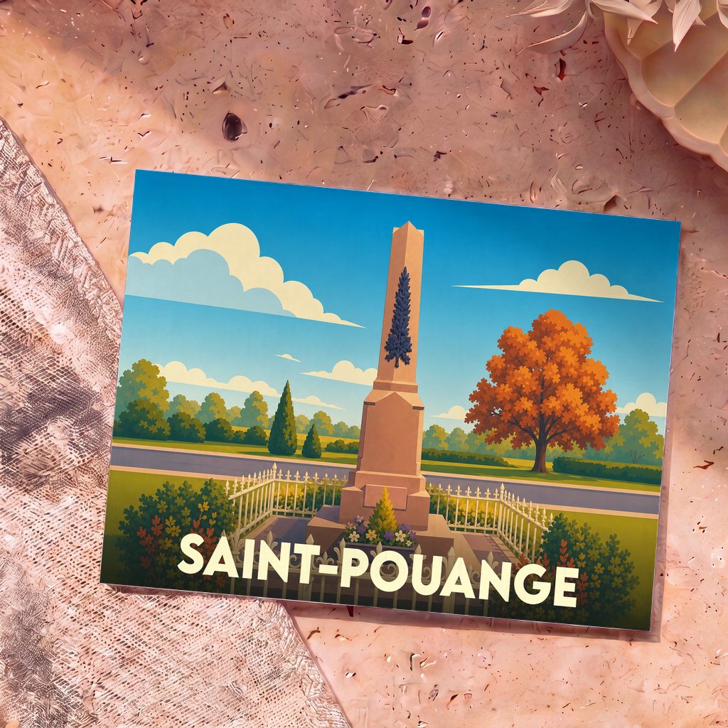 Carte postale souvenir de la ville de Saint-Pouange illustrant son monument aux morts dans un style graphique épuré.