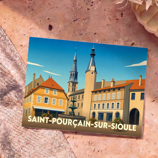 Carte postale souvenir de la ville de Saint-Pourçain-sur-Sioule avec une illustration stylisée de sa place principale.