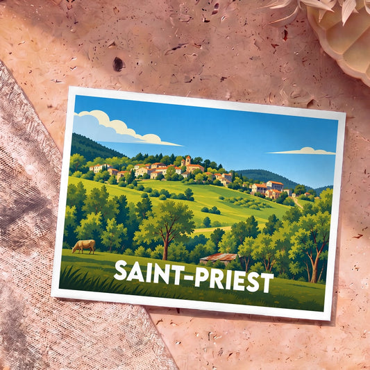 Carte postale souvenir de la ville de Saint-Priest avec une illustration stylisée de son paysage vallonné.