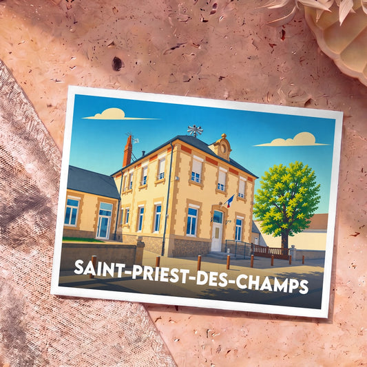 Carte postale souvenir de la ville de Saint-Priest-des-Champs avec une illustration colorée et stylisée de sa mairie.