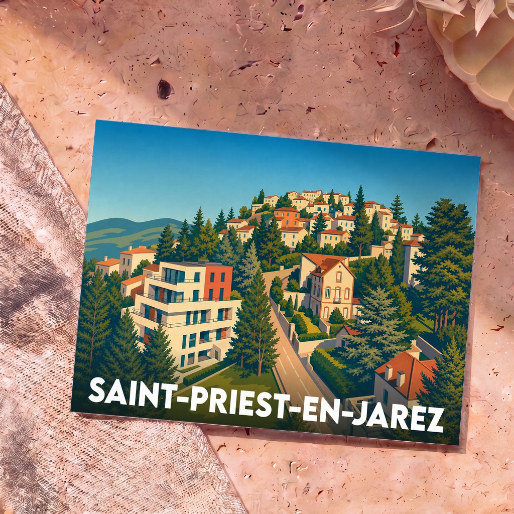 Carte postale souvenir de la ville de Saint-Priest-en-Jarez avec une illustration stylisée et colorée.