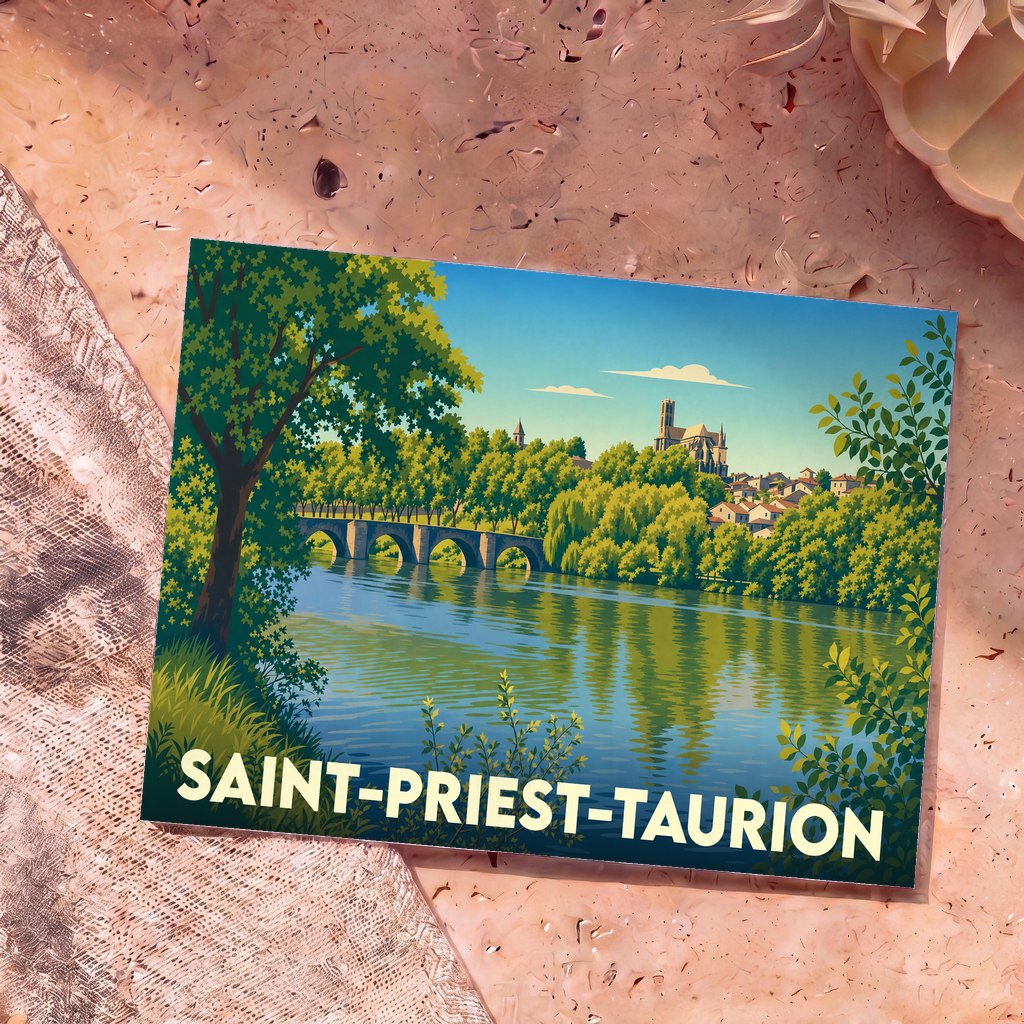 Carte postale souvenir de la ville de Saint-Priest-Taurion avec une illustration stylisée d'un pont et d'une église au bord de l'eau.