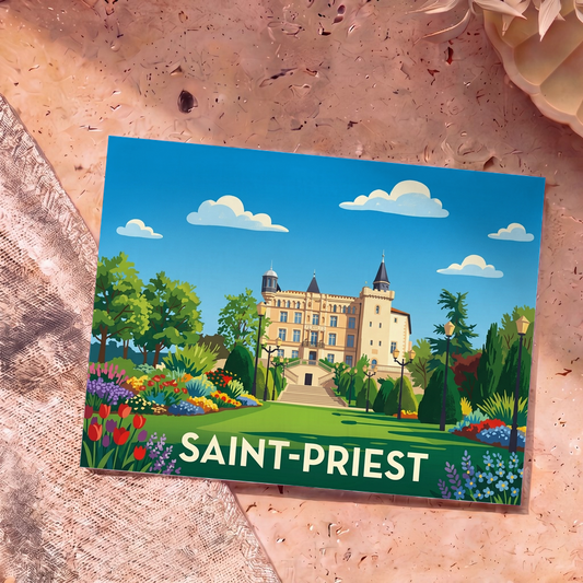 Carte postale souvenir de la ville de Saint-Priest illustrant son château et ses jardins dans un style graphique coloré.