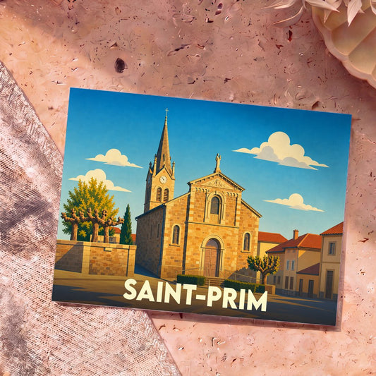 Carte postale souvenir de la ville de Saint-Prim avec une illustration stylisée de son église sous un ciel bleu.
