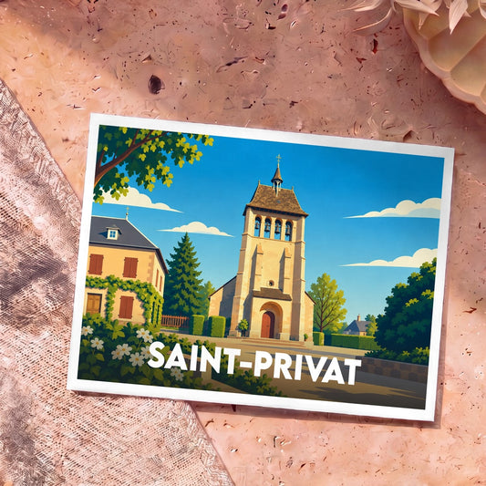 Carte postale souvenir de la ville de Saint-Privat illustrant son église et ses maisons typiques dans un style graphique épuré.