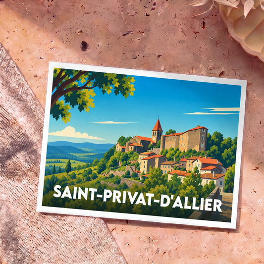 Carte postale souvenir de la ville de Saint-Privat-d'Allier avec une illustration stylisée.