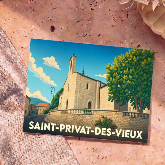Carte postale souvenir de la ville de Saint-Privat-des-Vieux avec une illustration stylisée de son église.