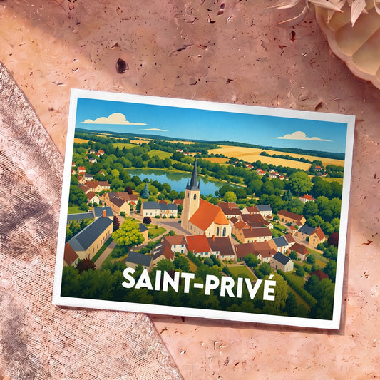 Carte postale souvenir de la ville de Saint-Privé illustrant un paysage de village bucolique.