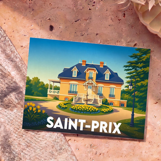 Carte postale souvenir de la ville de Saint-Prix illustrant une élégante demeure de style classique dans un cadre verdoyant.