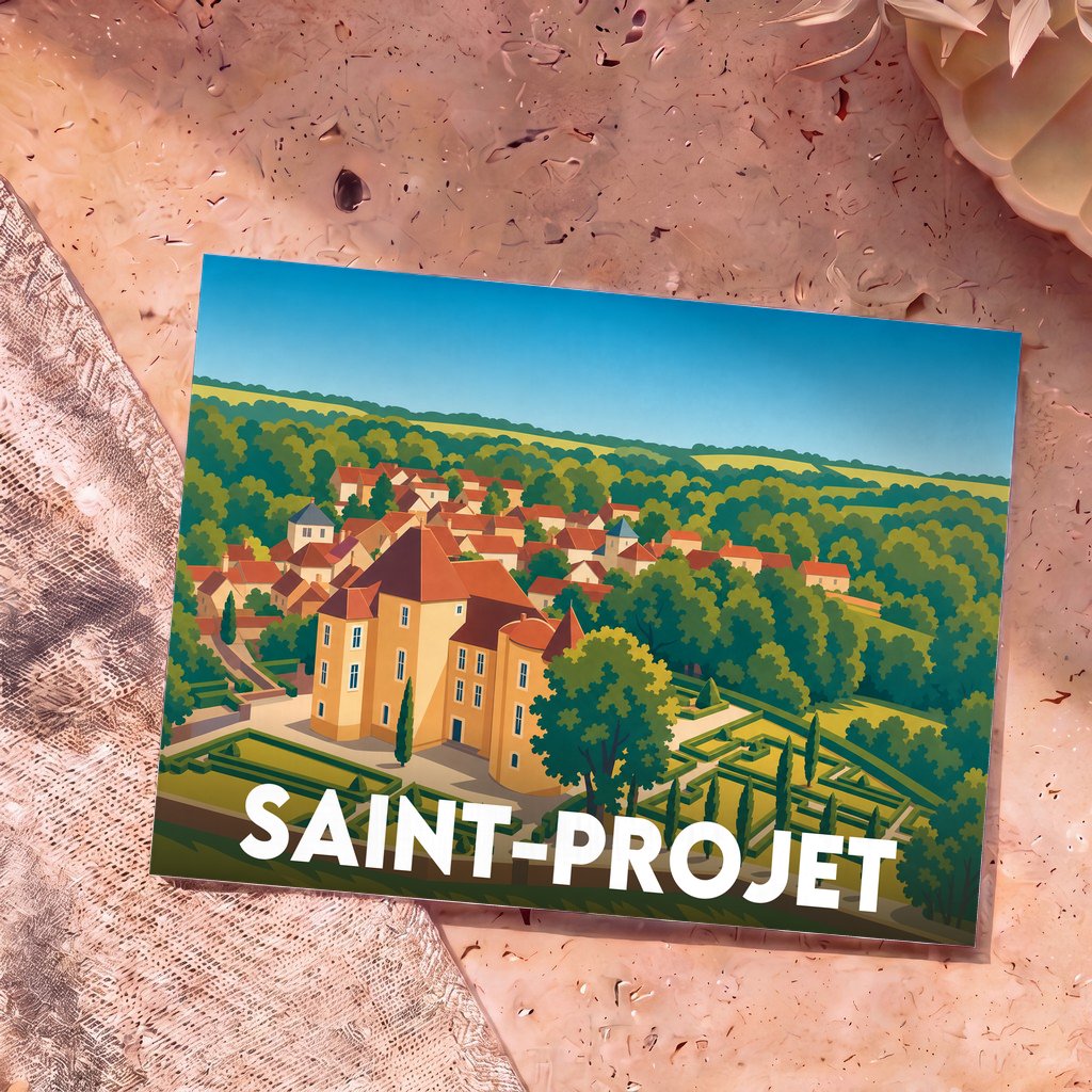 Carte postale souvenir de Saint-Projet présentant une illustration stylisée d'un château surplombant un village.