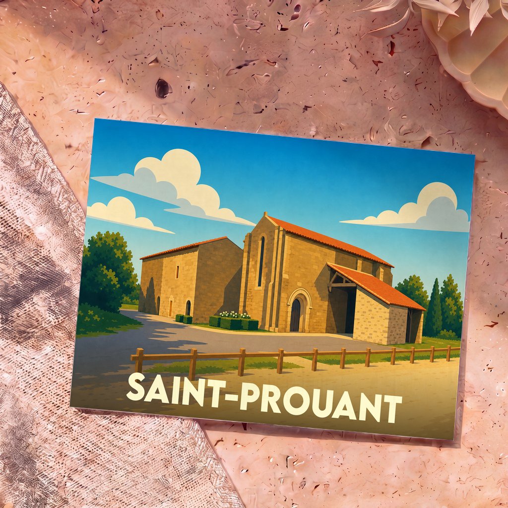 Carte postale souvenir de la ville de Saint-Prouant avec une illustration stylisée de son église en pierre.