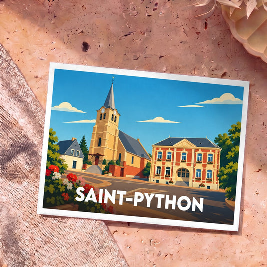 Carte postale souvenir de la ville de Saint-Python avec une illustration stylisée de son église et de sa mairie.