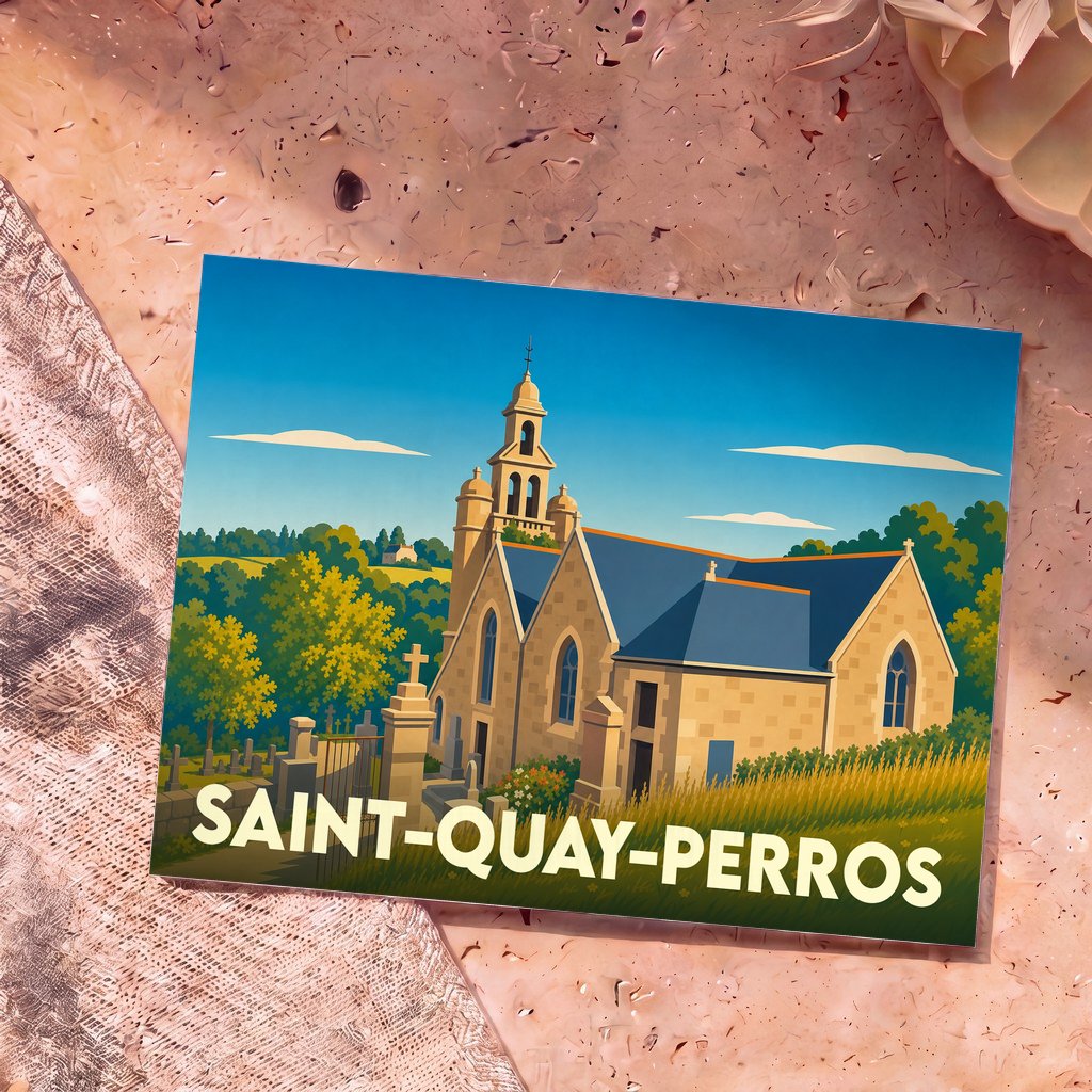Carte postale souvenir de la ville de Saint-Quay-Perros avec une illustration stylisée d'une église bretonne.