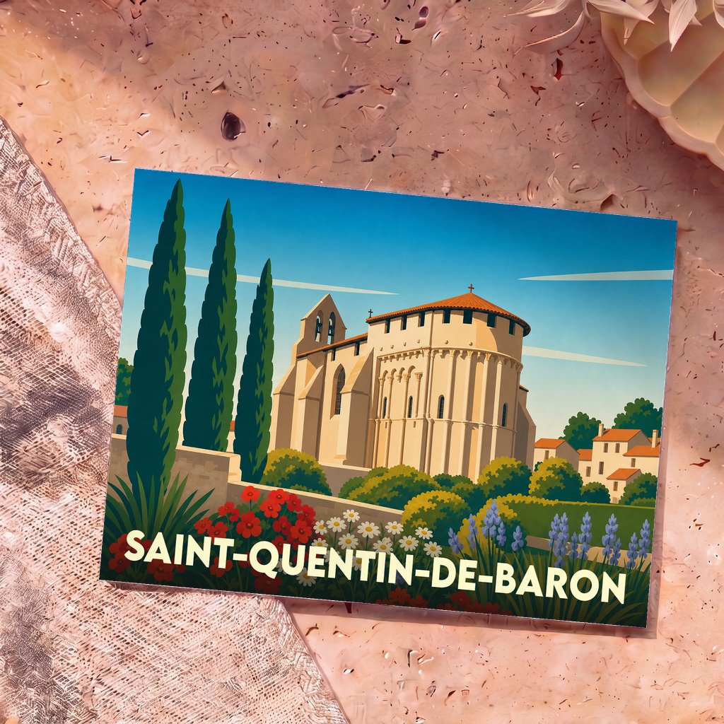 Carte postale souvenir de Saint-Quentin-de-Baron illustrant son église romane dans un style graphique épuré.