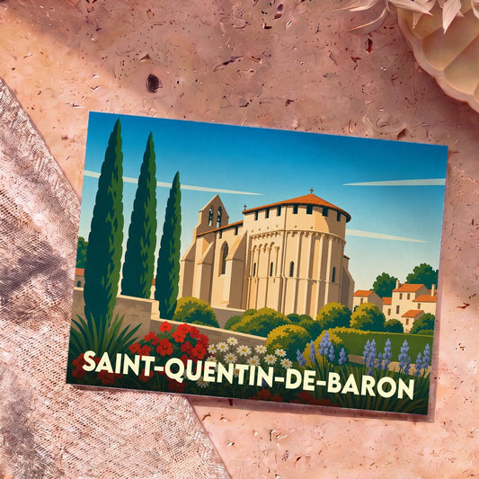 Carte postale souvenir de Saint-Quentin-de-Baron illustrant son église romane dans un style graphique épuré.